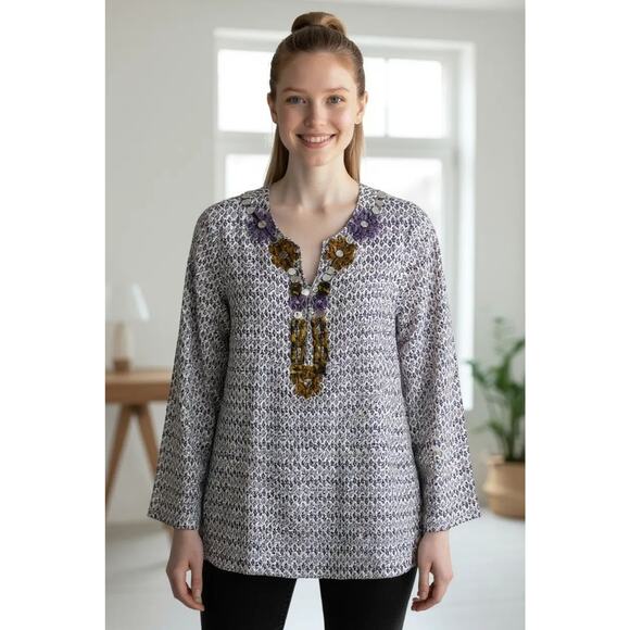 Tory Burch Embellished V-Neck Long Sleeve Tunic Top Shirt Blouse Size 4 NWOT - Picture 1 of 6